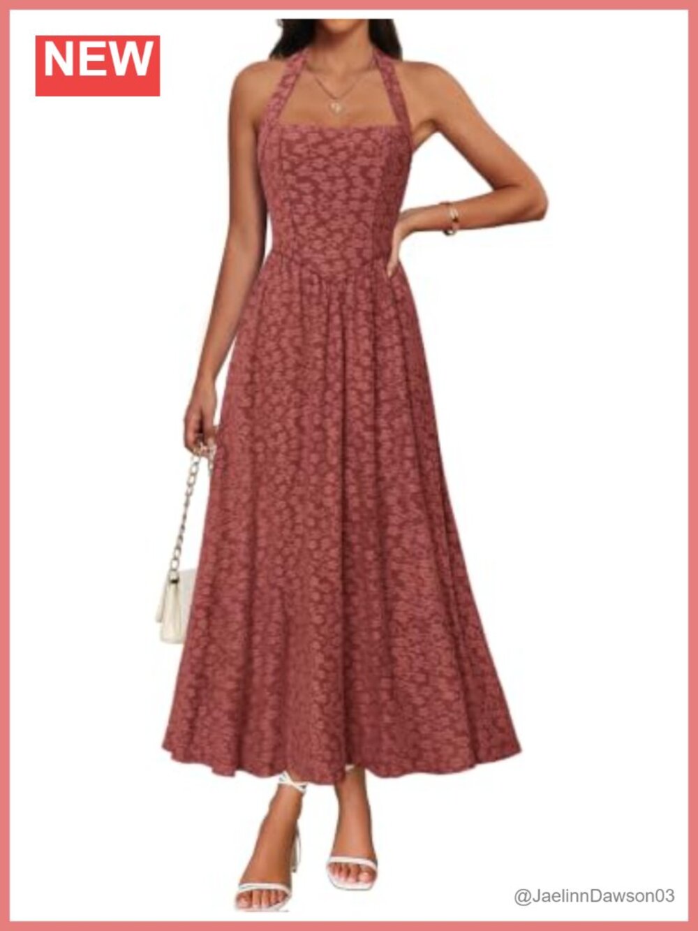 Jacquard Floral Halter Backless Midi Dress Sleeveless A-Line